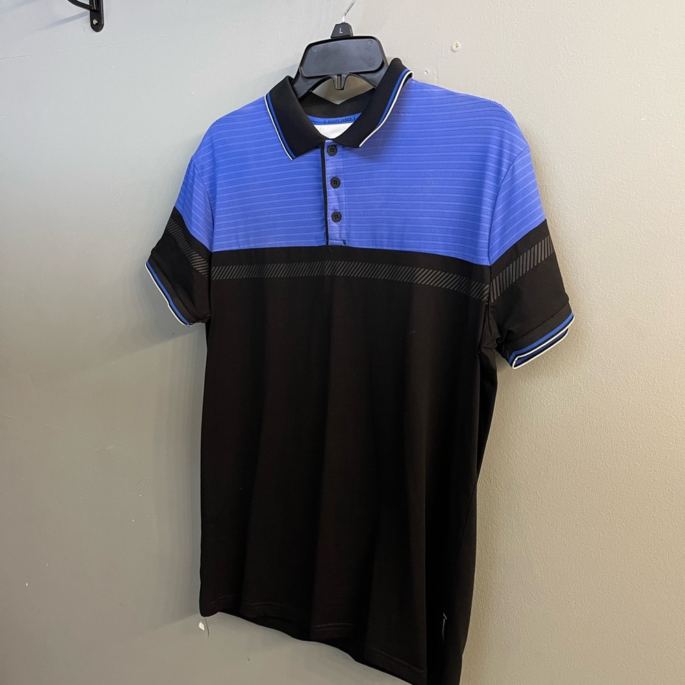 Modern Blue and Black Polo Shirt with Color-Block Design